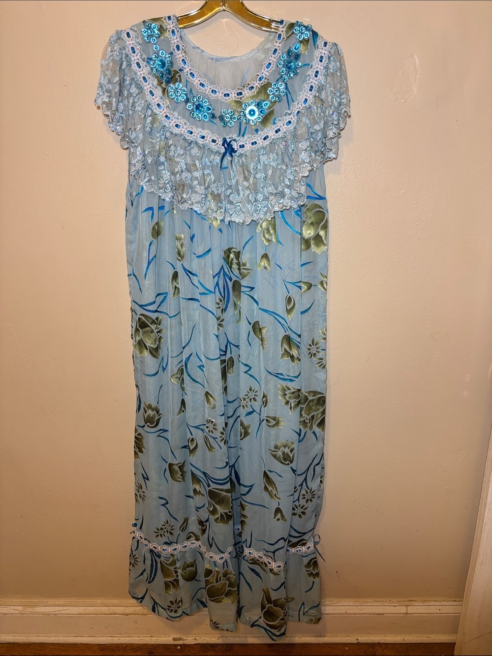 Light Blue Floral Women's Nightgown with Lace Yoke
